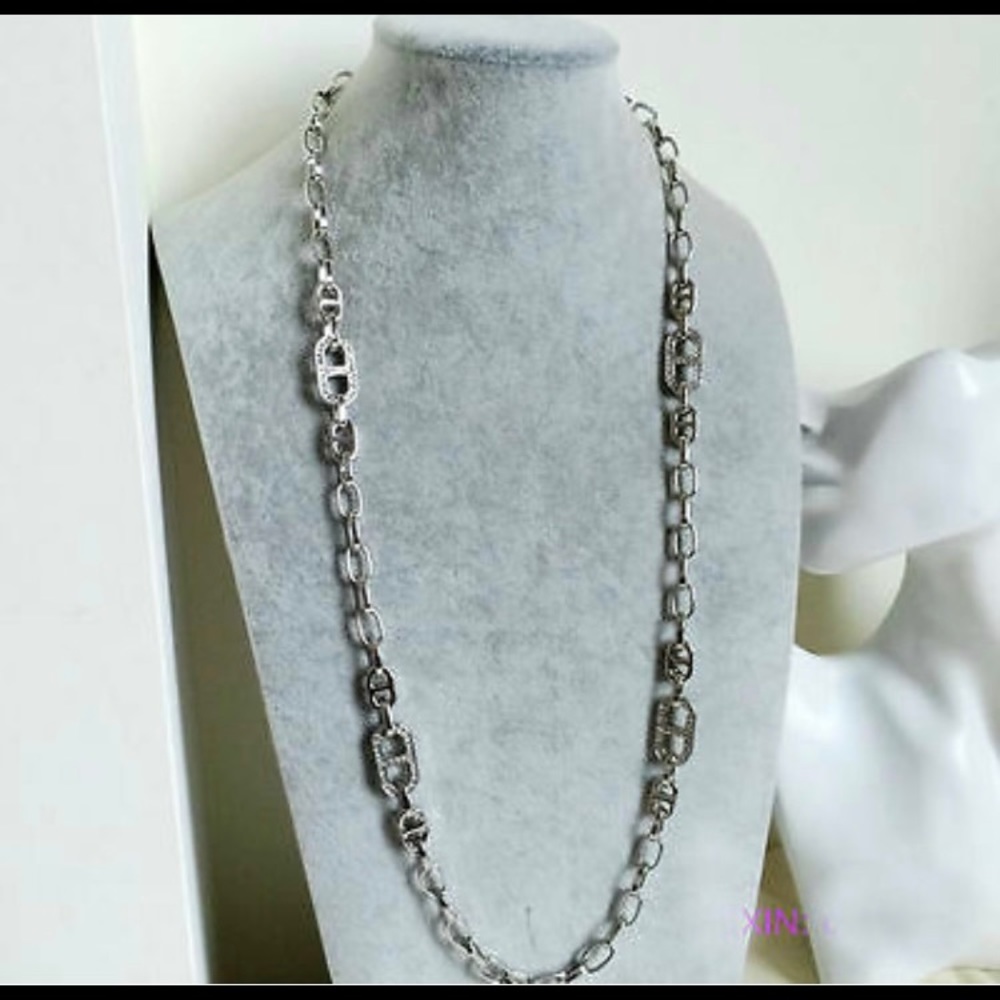 Ann Taylor Silver Tone Pave Crystal Chain Link Necklace - Picture 3 of 8